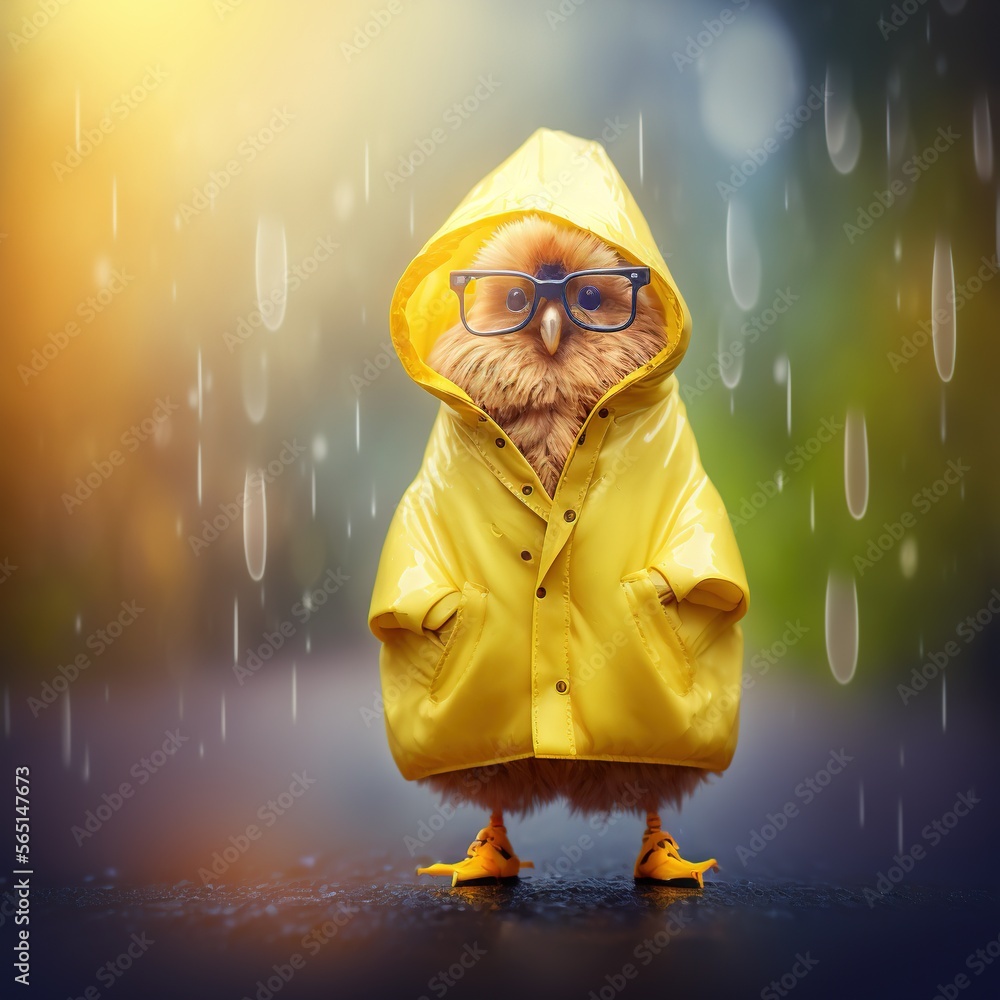 a bird wearing a yellow raincoat and glasses standing in the rain with ...