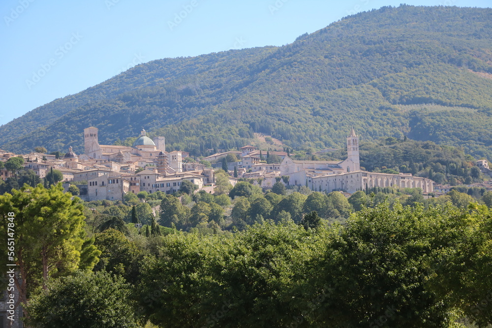 View to Basilica Santa Chiara and Cathedral San Rufino in Assisi, Umbria Italy