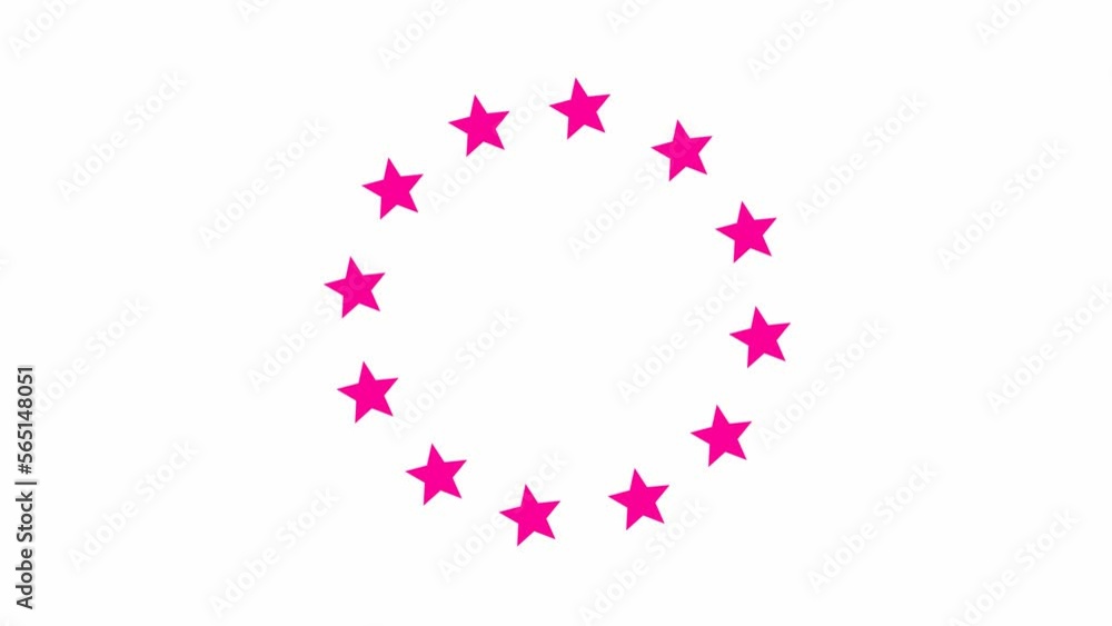 Animated increasing magenta twelve star circles from the center. Looped video. Concept of European Union. Vector pink illustration isolated on white background. Animated increasing magenta twelve star circles from the center. Looped video. Concept of European Union. Vector pink illustration isolated on white background.