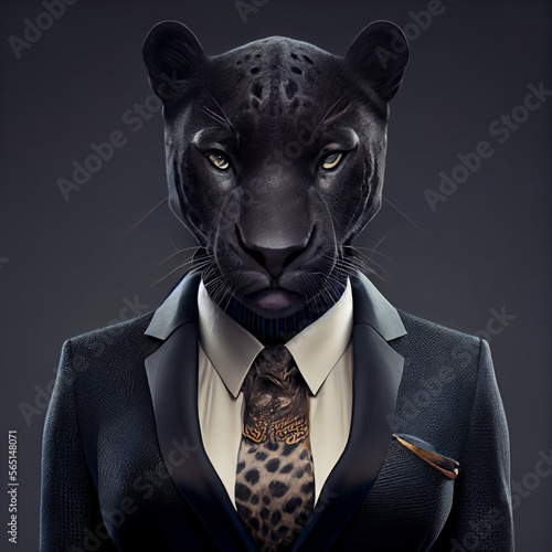 Business-woman portrait with the black panther head. An animal of the mountain lion with a female-gender human body, dressed in a business skirt suit. Ai-generated illustration.