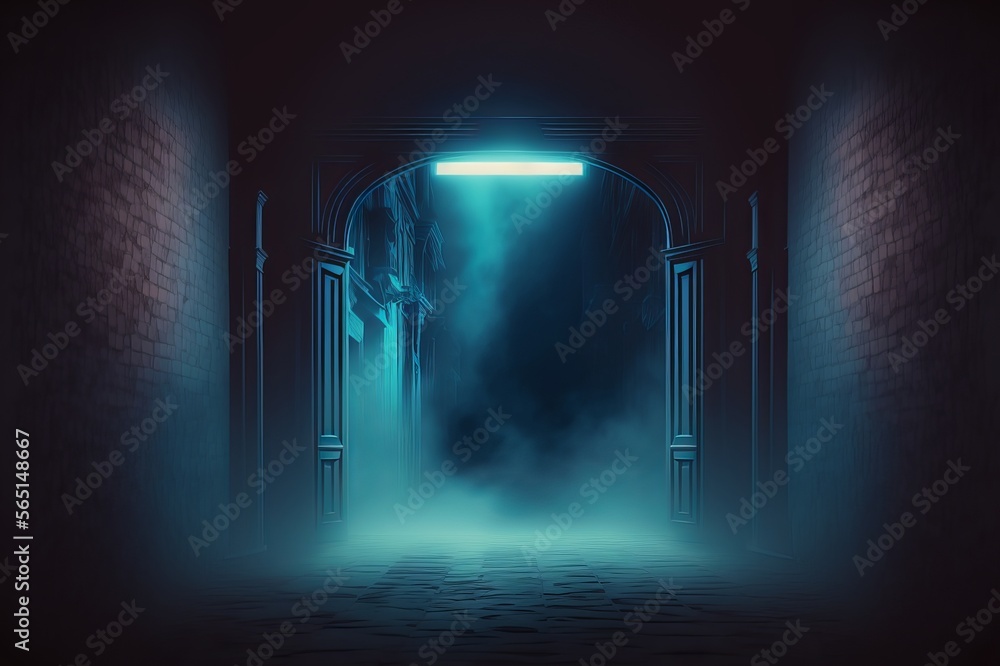 A tunnel with brick walls illuminated by neon lights, generative AI