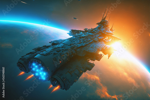 Leinwand Poster futuristic battle spaceship fighting in orbit of aplanet earth