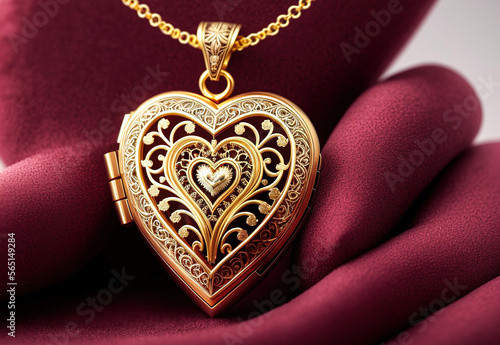 A heart-shaped golden locket with intricate engravings and filigree work. Perfect for special occasions such as Valentine’s Day and Wedding Anniversary. Generative AI.
