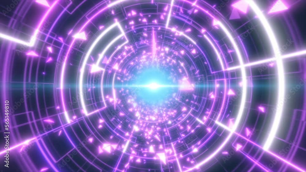 Abstract purple glowing neon laser tunnel futuristic hi-tech with energy lines and flying particle fragments, abstract background. Video 4k, motion design Abstract purple glowing neon laser tunnel futuristic hi-tech with energy lines and flying particle fragments, abstract background. Video 4k, motion design