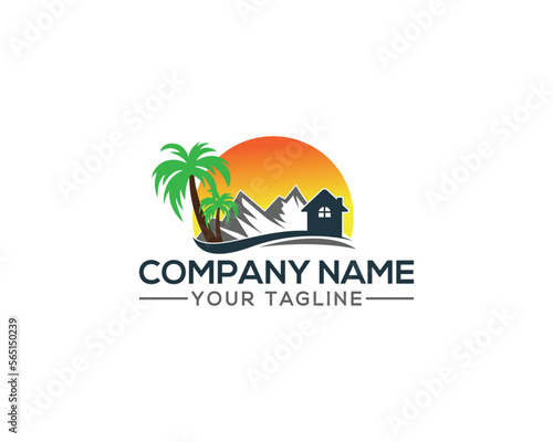 Plam Tree  Mountain  Beach and home Logo Icon. Summer Beach  Summer Vacation  Travel  Island  Mountain and Sunset Beach Vector Icon.