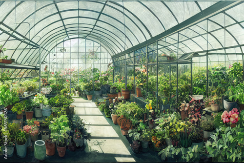 Bright and Sunny Greenhouse Interior with Plants and Flowers Full of Windows Made with Generative AI