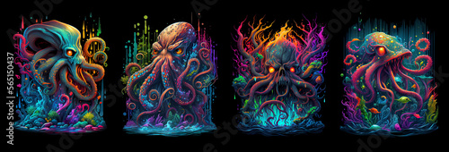 Angry multicolored octopus with tentacles. AI generative.