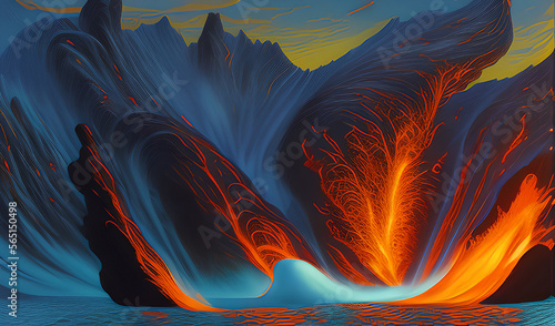 A graphic drawing of a volcano erupting in the open sea or somewhere in the mountains 1. Generative AI