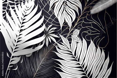  a black and white photo of a bunch of leaves on a wallpaper background with gold foiling on the edges of the leaves and the edges. generative ai