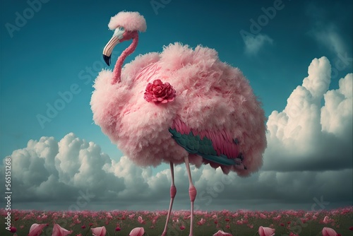  a pink flamingo standing in a field of pink flowers with a blue sky in the background with clouds in the sky and a pink flower in the center of the head of the image.  generative ai photo