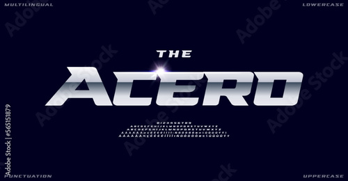 Speed and power typeface, multilingual alphabet with letters, numbers punctuation marks. Sleek shiny chrome symbols for sport font, dynamic logo, racing headline. Vector typographic design