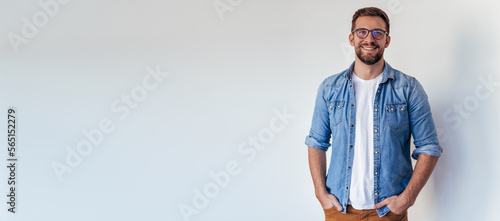 Photography Isolated shot of young handsome man with beard, wearing casual clothes, posing i