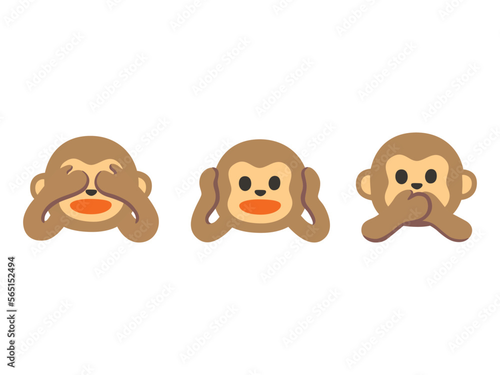 Gandhi's three monkey emoji vector set design. Isolated See-No-Evil Monkey,  Hear-No-Evil Monkey, Speak-No-Evil Monkey, meme sign design. Stock Vector