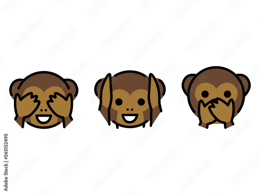 Gandhi's three monkey emoji vector set design. Isolated See-No-Evil Monkey,  Hear-No-Evil Monkey, Speak-No-Evil Monkey, meme sign design. Stock Vector