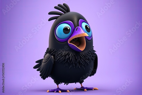 Cute 3D Cartoon raven character. Generative AI