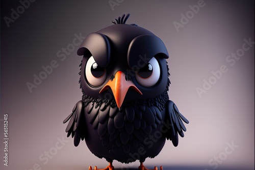 Cute 3D Cartoon raven character. Generative AI