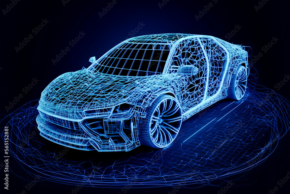 Naklejka premium The front side of the futuristic AR automobile wireframe with&nbsp;a blue background, generative ai, AR car wireframe 