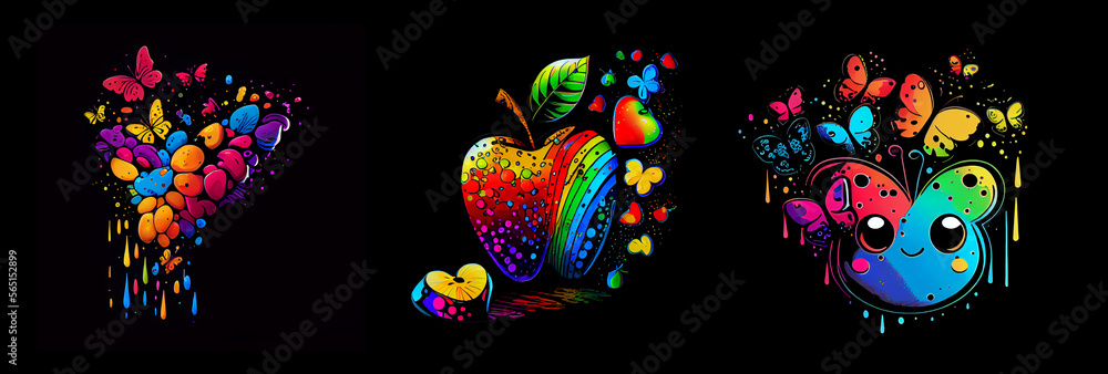 Multicolored butterfly on fruits and berries. AI generative.