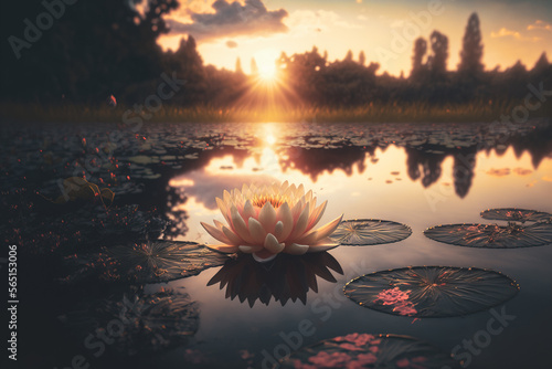 waterlily on the lake at sunset. Generative AI 
