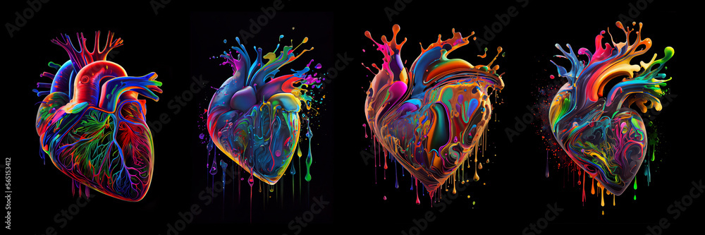 Heart symbol with multicolored liquid paints. AI generative.