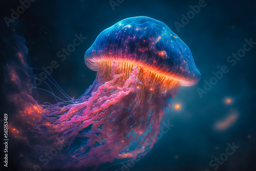 phosphorescent jellyfish in the dark. Generative AI