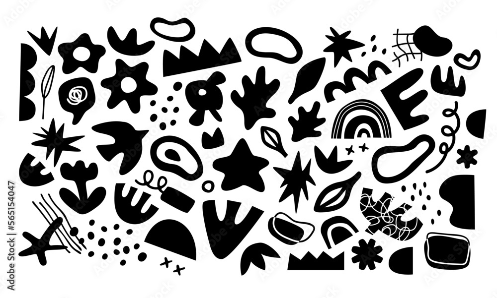 Naklejka premium Set of black and white doodle, abstract icons on isolated background. Big element collection, unusual organic shapes in freehand art style. Includes bird, leaf, flower.