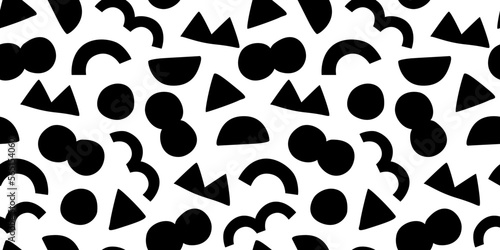 Fun black and white doodle seamless pattern. Creative minimalist style art background for children or trendy design with geometric shapes. Simple childish backdrop.