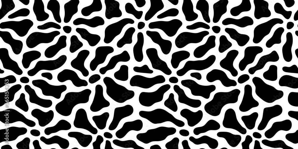 Black and white flower seamless pattern illustration. Children style floral doodle background, funny basic nature shapes wallpaper. Black and white flower seamless pattern illustration. Children style floral doodle background, funny basic nature shapes wallpaper.