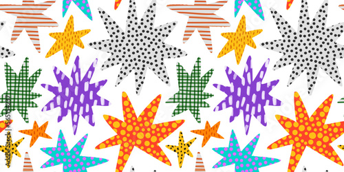 Abstract hand drawn shapes doodle seamless pattern. Fun retro background illustration. Marker drawing in bright colorful style.