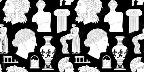 Ancient greek statue and classic vintage monument seamless pattern. Black and white greece culture background illustration. Historical flat cartoon drawing.