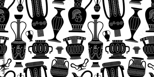 Classical greek vase decoration cartoon seamless pattern illustration. Black and white museum jar background, ancient pottery doodle wallpaper.