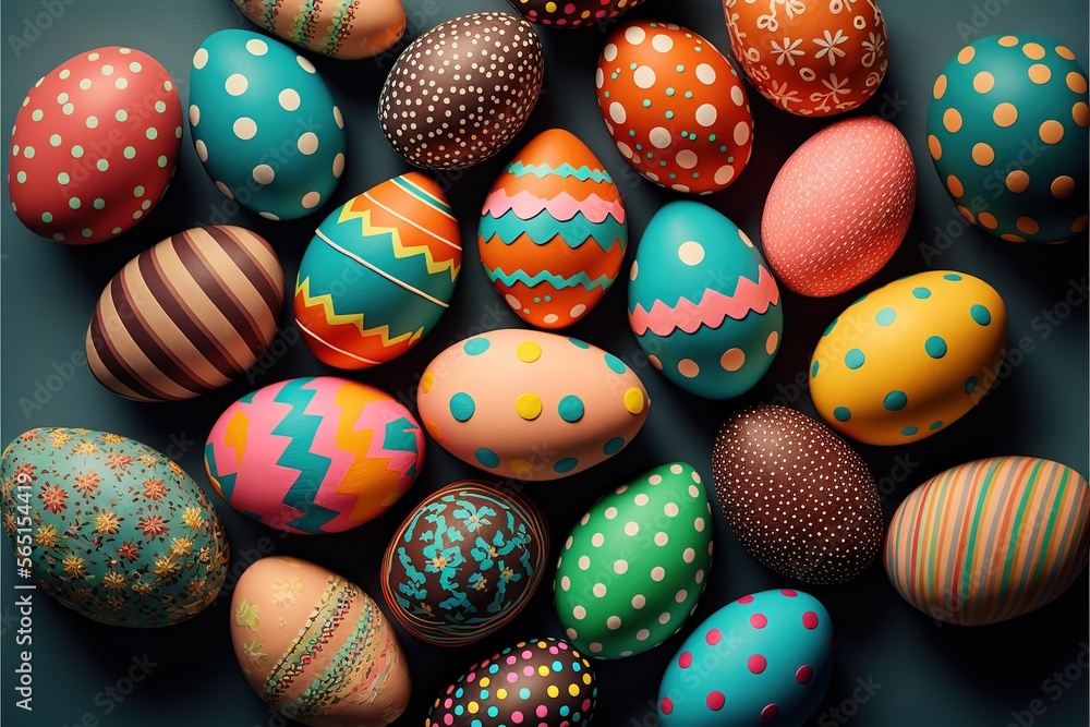  a bunch of colorful eggs with designs on them are shown in a square frame with a black background and a blue background with a white border.  generative ai