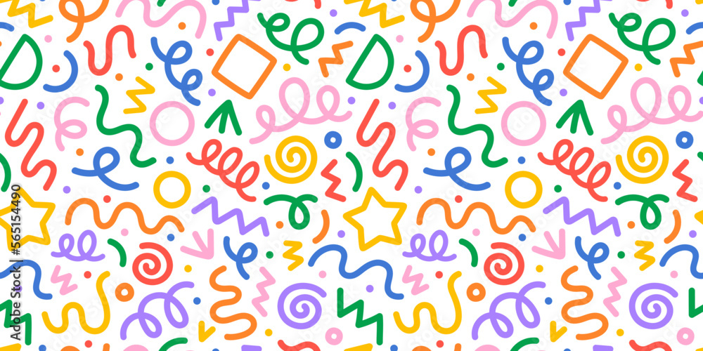 Fun colorful line doodle seamless pattern. Creative minimalist style art background for children or trendy design with basic shapes. Simple party confetti texture, childish scribble shape backdrop.