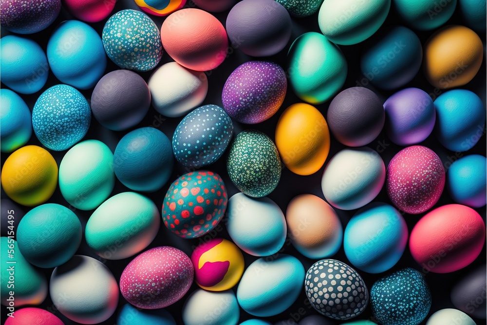 Fototapeta premium a group of colorful eggs with a yellow dot on them and a blue dot on the top of one of them, all of them are in a pattern. generative ai