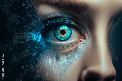 Security access technology as eye scan and viewing digital information. Human eye with scanning for personality identification. Cyber security identity verification. Generative AI.