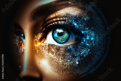 Security access technology as eye scan and viewing digital information. Human eye with scanning for personality identification. Cyber security identity verification. Generative AI.