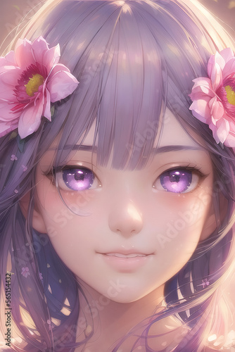 Closeup face portrait of a girl wearing flowers