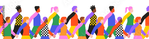 Colorful people group walking together holding hands seamless pattern. Modern flat cartoon illustration of diverse young character team for friendship, diversity or community culture concept.