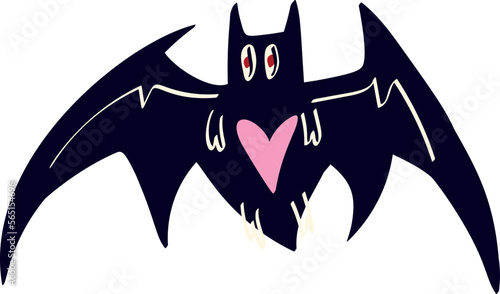 Ugly freaky bat with heart in doodle style