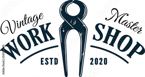 Hand plier or pincer for wood craft workshop. Logo with tool or equipment for repair, construction, carpentry work