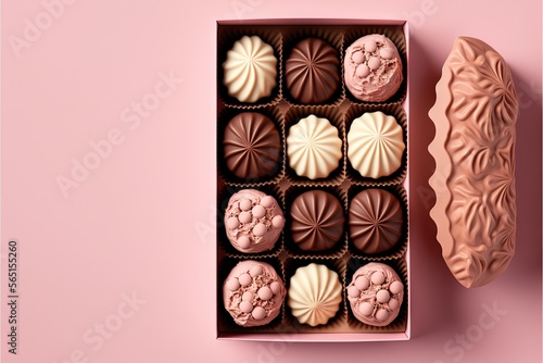  a box of chocolates with a pink background and a pink pastry on the side of the box, with a pink background and a pink background. generative ai