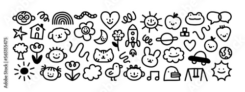 Black and white children cartoon icon collection. Set of funny line doodle decoration on isolated background. Simple kid art bundle includes child character, animal symbol.