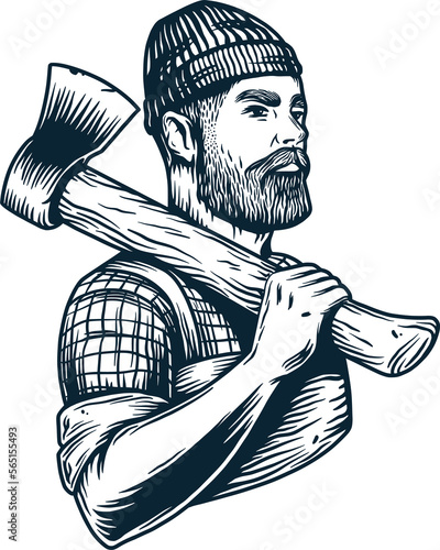 Axeman with ax in forest for logo of shop. Bearded lumberjack with axe in his hands for design of banner and label. Emblem of woodworker, logger or carpenter photo