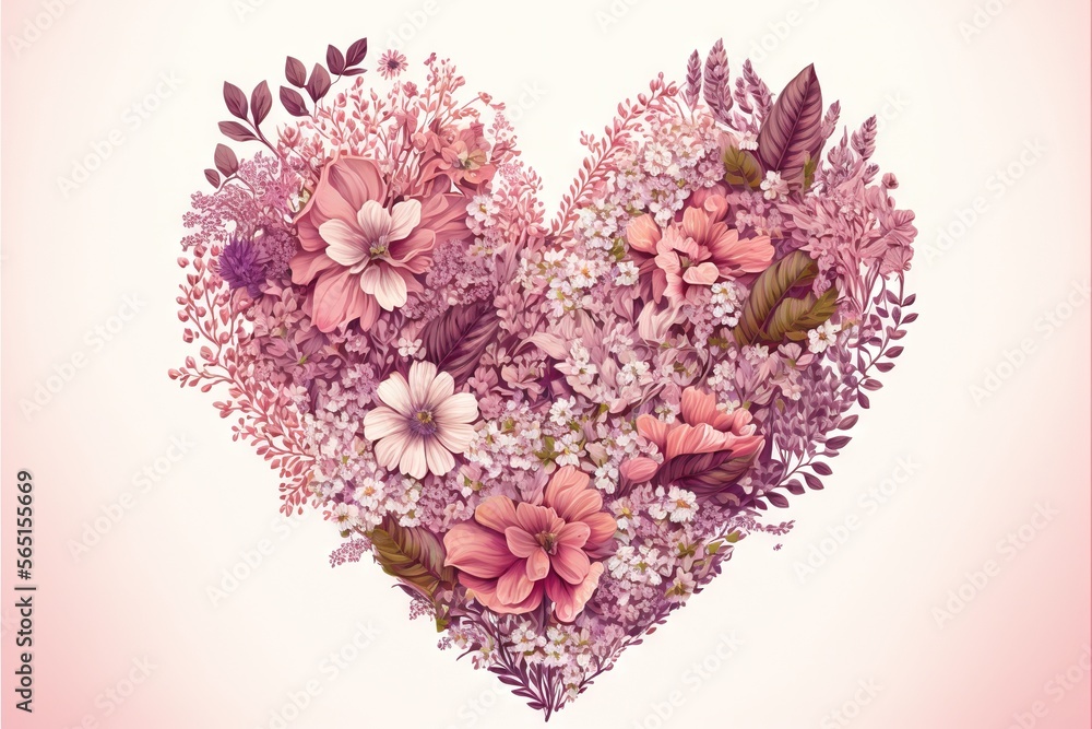  a heart shaped arrangement of flowers and leaves on a pink background with a pink border around it and a pink border around the edges of the heart.  generative ai