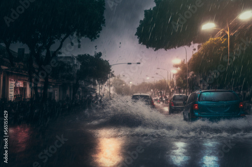 Flood paralyzed infrastructure caused by thunderstorm and hurricane. Car drives along flooded city street during rain. Generation AI