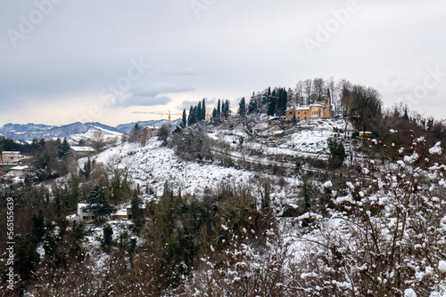 Winter snowy landscape of Appennino Tosco-emiliano between Marradi (Florence) and Brisighella, Emilia Romagna, Italy