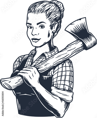 Lumberjack woman of carpenter or female axeman. Woodworker and logger with axe in hand. Monochrome print photo