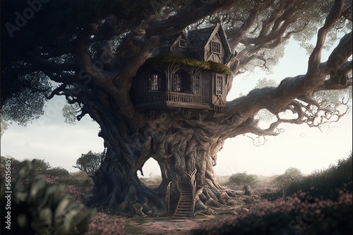 A tree house in a tree with bony finger like branches within a dark fantasy world