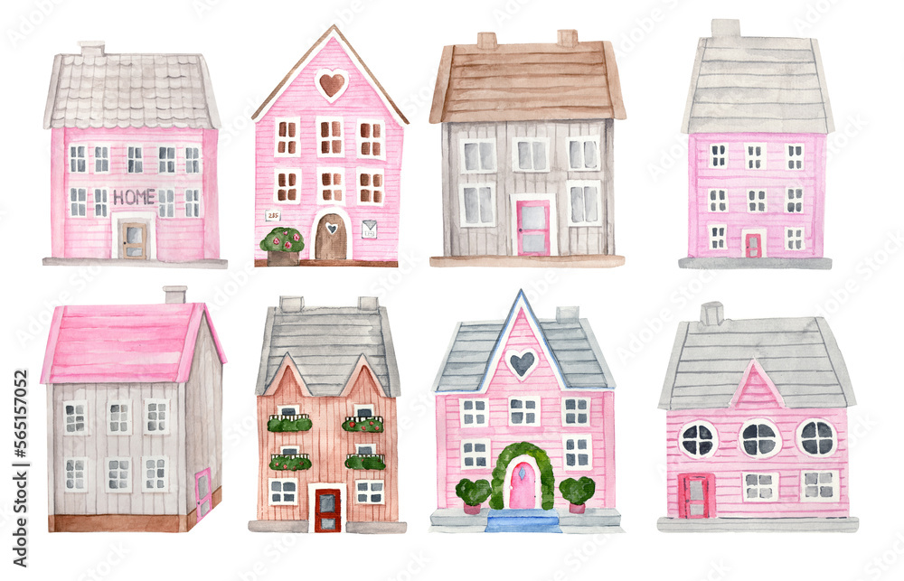 Watercolor cute pink houses for girl