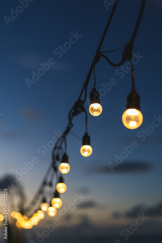 A string of light bulbs at sunset 